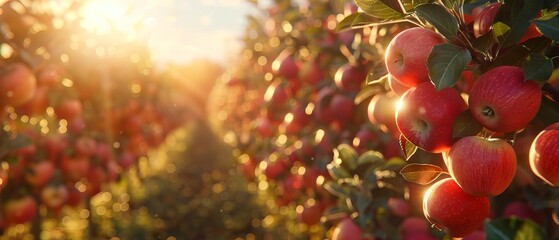 A vibrant apple orchard at sunrise, with rows of trees laden with ripe apples, and a family picking apples together, high detail