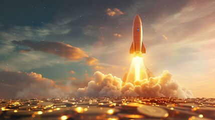 Naklejka premium Spaceship launching into space against a sunset sky with clouds and cityscape in the background