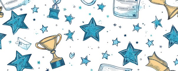 Academic success themed pattern with blue stars and awards on a white background,