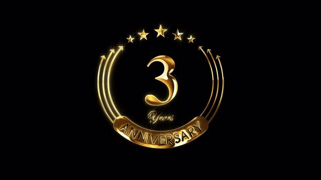 Happy 3rd Anniversary Celebration. Golden 3 Years Anniversary Animation in Gold Color on the Transparent Background, Alpha Channel. Great for greetings, celebrations, events, and gifts.