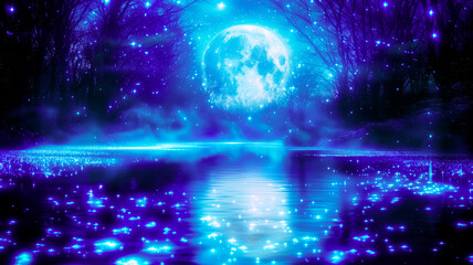 Obraz premium Fantastic night landscape with lake moon and starry sky