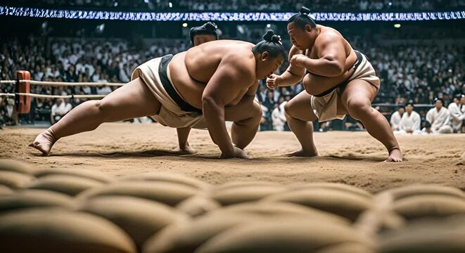 Sumo wrestlers in a sumo match.