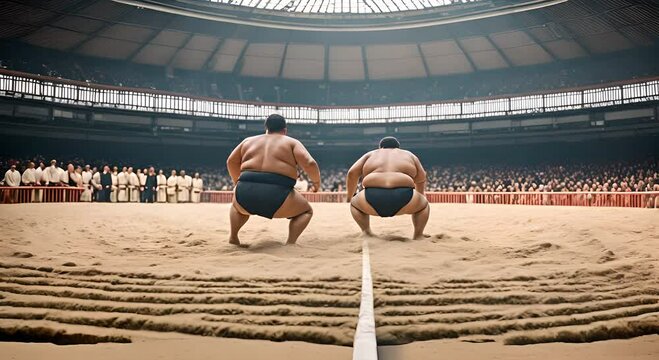 Sumo wrestlers in a sumo match.