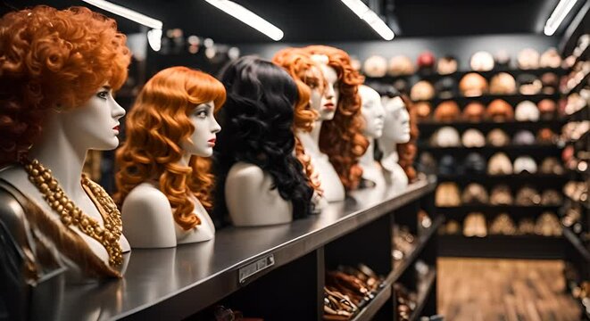 Interior of a wig store.