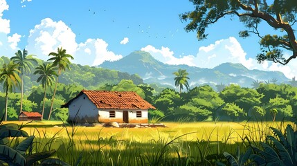 Fototapeta premium Tropical Landscape with Small House and Palm Trees