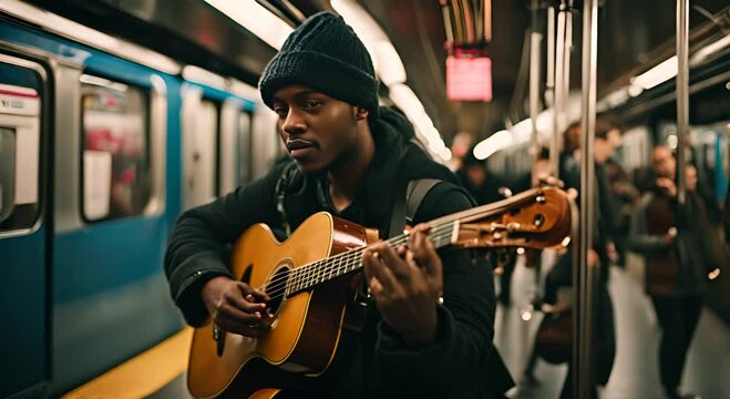 Street musician playing music in the subway.