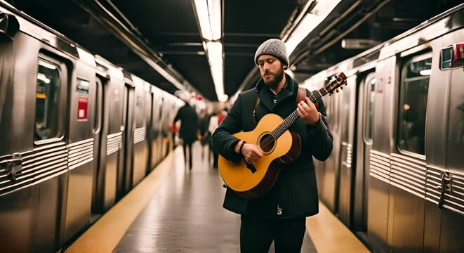 Street musician playing music in the subway.