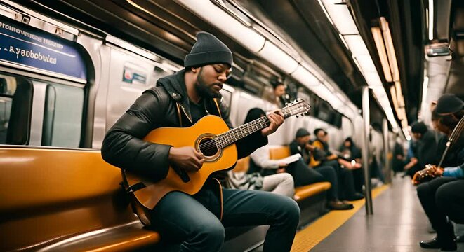 Street musician playing music in the subway.