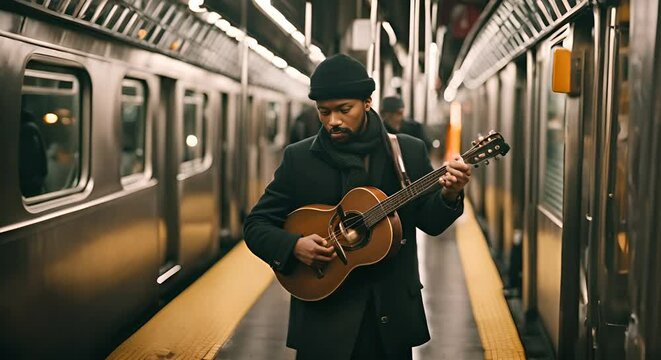 Street musician playing music in the subway.