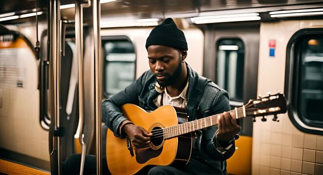 Street musician playing music in the subway.