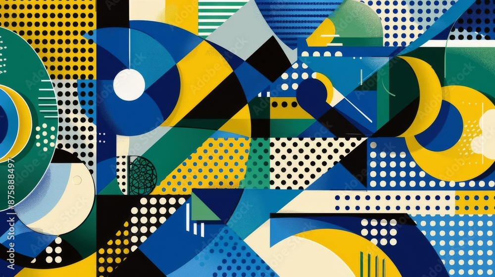 Poster Playful Geometric Shapes and Halftone Patterns Create a Dynamic Composition