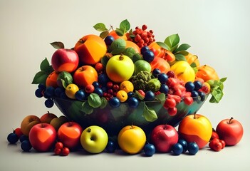 A vibrant and colorful arrangement of various fresh fruits including apples, oranges, lemons, pomegranates, and berries, creating a dynamic and visually striking composition 