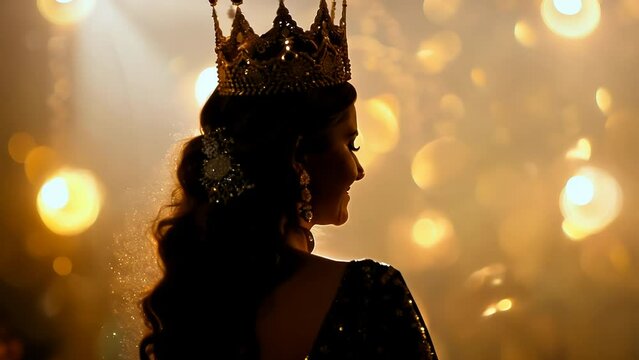 Silhouette of queen or princess with crown against golden bokeh background