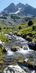 Mountain stream in a valley with snow capped mountains in the distance