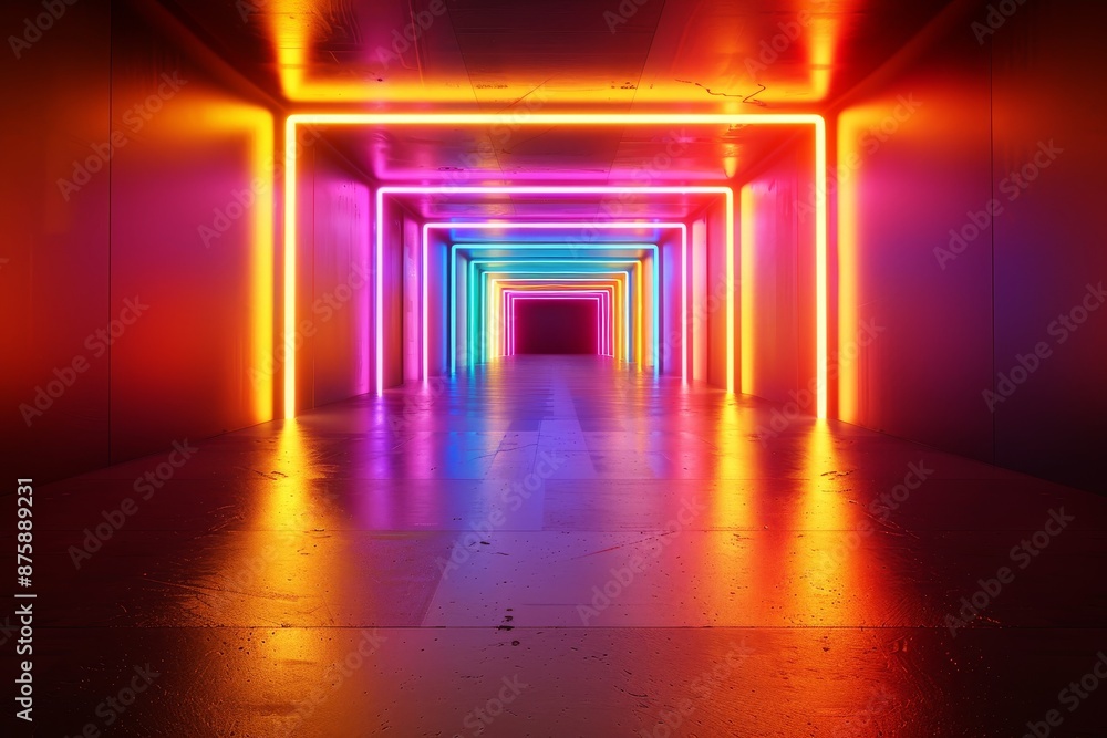 Poster abstract neon light tunnel - psychedelic colorful glowing corridor 3d rendering.
