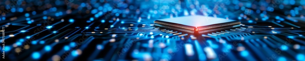 Poster abstract technology background circuit board with processor chip in blue and red hues.