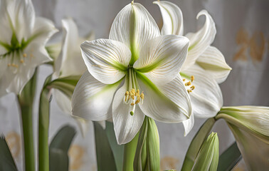 macro of white christmas flower amaryllis on light background. Generative AI.