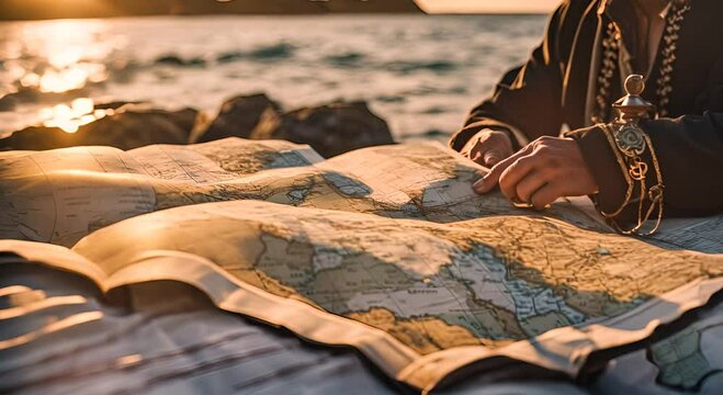 Pirate looking at a nautical map.