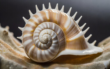 Obraz premium Macrophotograph of the front end of a sea snail david harp seashell. Generative AI.