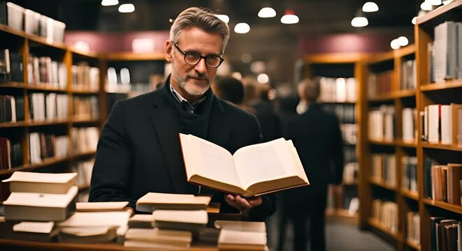 Writer or book author Presenting a book in the bookstore. Book signing.
