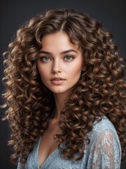 Fototapeta premium Fashion model with wavy hairstyle. Attractive young girl with curly hair posing at studio. Face of a beautiful woman with long brown curly hair