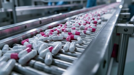 Obraz premium medicine pills on conveyor belt rollers or production line, automated industrial factory manufacture