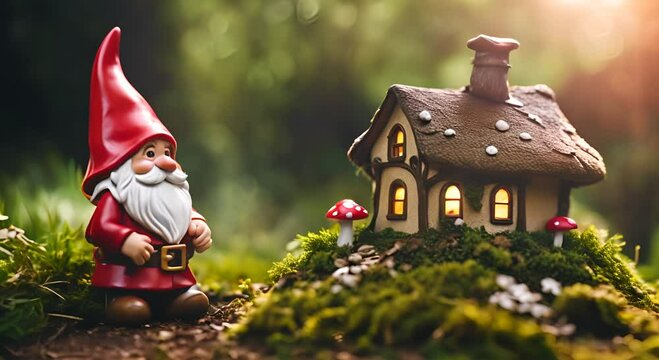 Gnome in his mushroom house in the forest.
