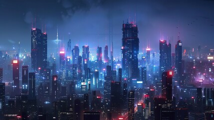 Fototapeta premium Glowing Neon Futuristic Cityscape: Illuminated Skyscrapers in Night Skyline with Distant Horizon View