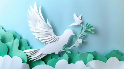 Obraz premium Paper cut dove carrying an olive branch flies across a light blue sky with layered cutout clouds, making a perfect visual for peace treaty announcements or environmental.
