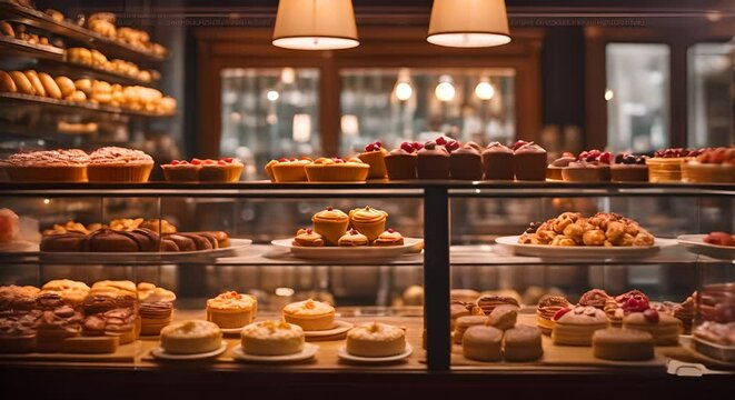 Gourmet cakes in a cake shop.