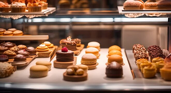 Gourmet cakes in a cake shop.