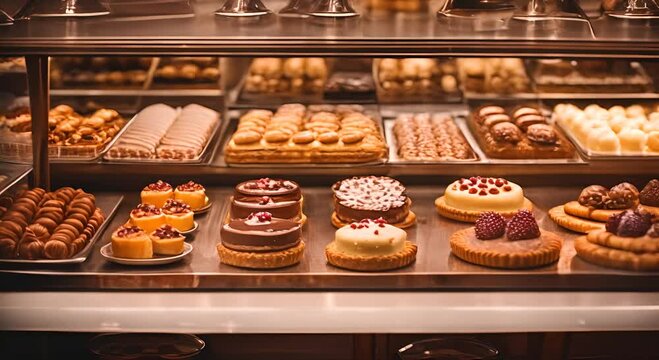 Gourmet cakes in a cake shop.