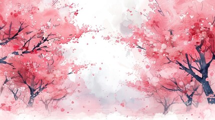 Watercolor painting of a cherry blossom tree in full bloom with delicate petals and a soft, dreamy background.