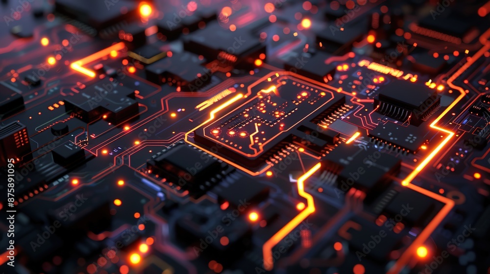 Poster technological futurism - abstract circuit board design with glowing pathways and intricate electroni