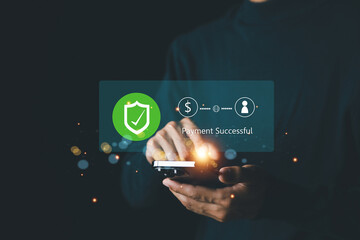 Man using mobile phone nline payment, banking and online shopping via banking mobile app, E-commerce and financial technology , online payment concept .