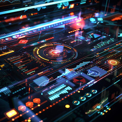 Obraz premium Write about a company that has integrated holographic data visualization into its daily operations. How do employees interact with the data? Describe a typical day in the office with this advanced tec