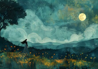 girl standing in a field of flowers looking at the moon