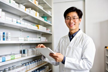 Fototapeta premium Smiling Asian Pharmacist Organizing Medicine Shelves 