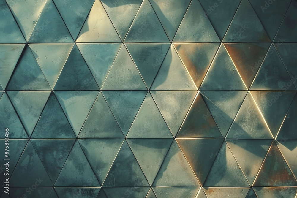 Poster geometric pattern of metal triangles with a reflective surface and light play