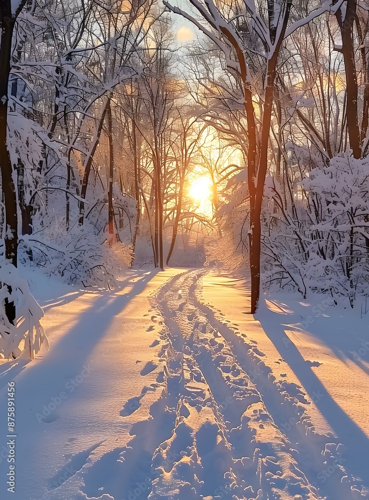 Sticker The sun shines through the snow in the forest