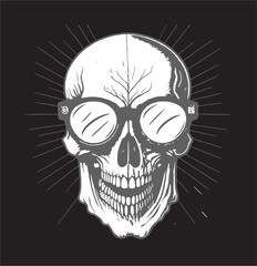 Funny Art Skull with Glasses Design dangerous skull  Grey White on Black Background best for Frame Painting Wallpaper t shirt and could be used any item