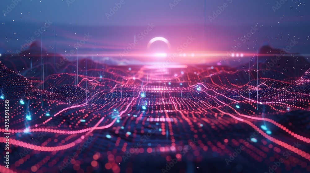 Poster futuristic digital landscape with floating holograms and virtual interfaces, immersive tech scene