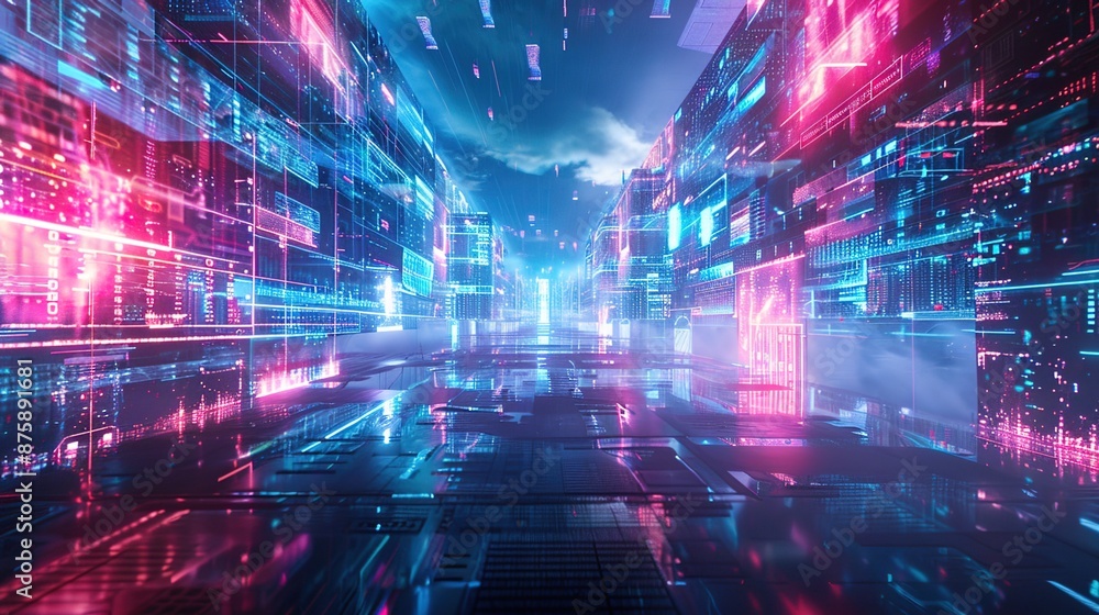 Poster futuristic digital landscape with floating holograms and virtual interfaces, immersive tech scene