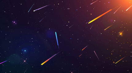 shine stars, meteors and planets, around dark space background, orange, blue and purple, flat illustration