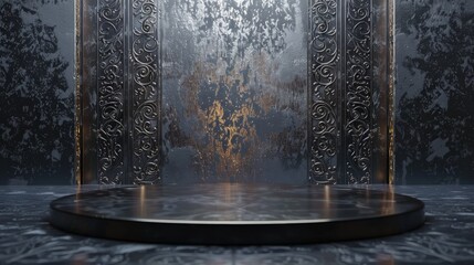 Luxurious Dark Podium with Baroque Detailing