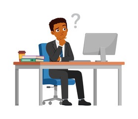 man employee sit think in desk working on office with computer and question mark