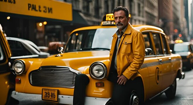 Taxi driver next to his taxi.