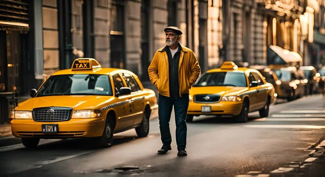 Taxi driver next to his taxi.