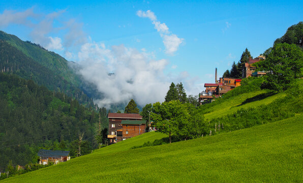 Ayder plateau, local houses and mountains and clouds, Black Sea Region, Turkey