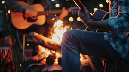 Naklejka premium carefree young friends enjoying summer night bonfire playing guitar and singing together blurred bokeh lights and warm atmosphere lifestyle photography